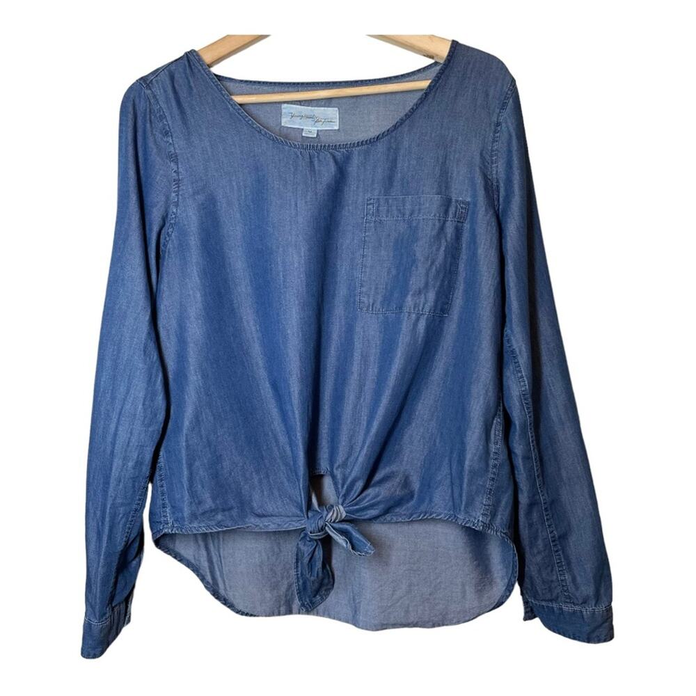 Young Hearts Run Free Cotton Lyocell Chambray Long Sleeve Tie Front Shirt Top M